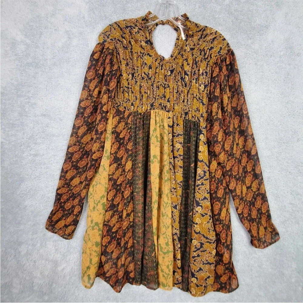 Free People Merrie Mixed Print Tunic Top Long Sleeve Smocked Boho Small
